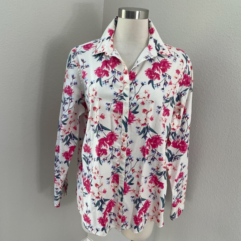 Lands End Womens‎ 16 No Iron Supima Floral Button Up Shirt Long Sleeve Blouse